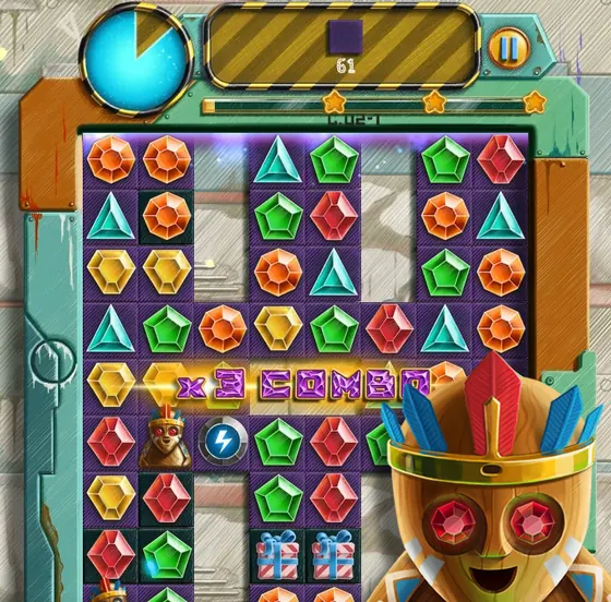 Doodle Jewels level with a mask character beside a narrow gem board