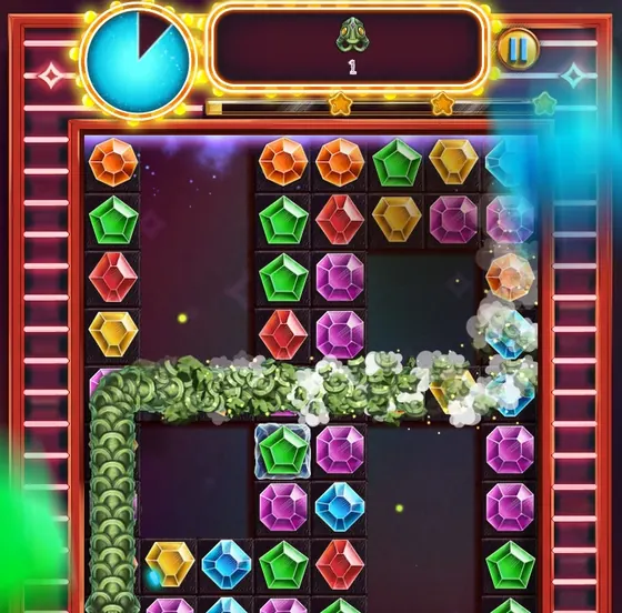 Doodle Jewels level with a gem trail crossing a dark board