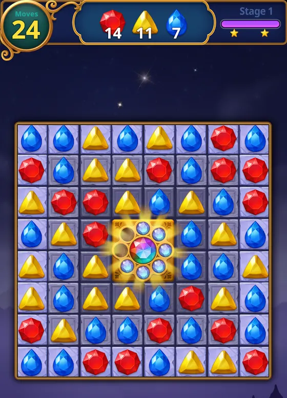 Jewels Magic board of coloured gems on a dark blue night background