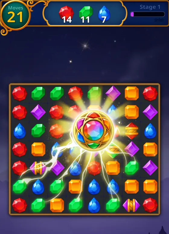 Jewels Magic level with a special gem discharging light across the board