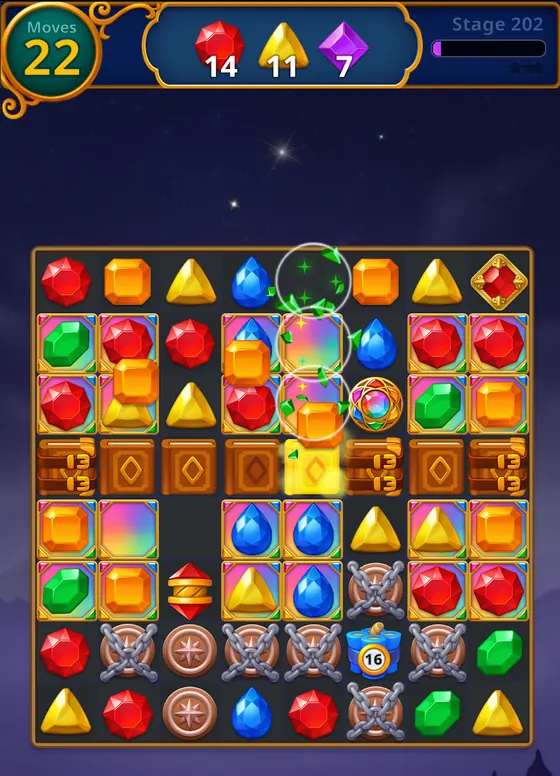 Jewels Magic level with wooden frames and locked tiles around the gems