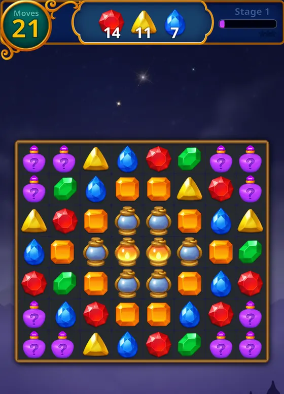 Jewels Magic board filled with purple, red and yellow gems and a move counter